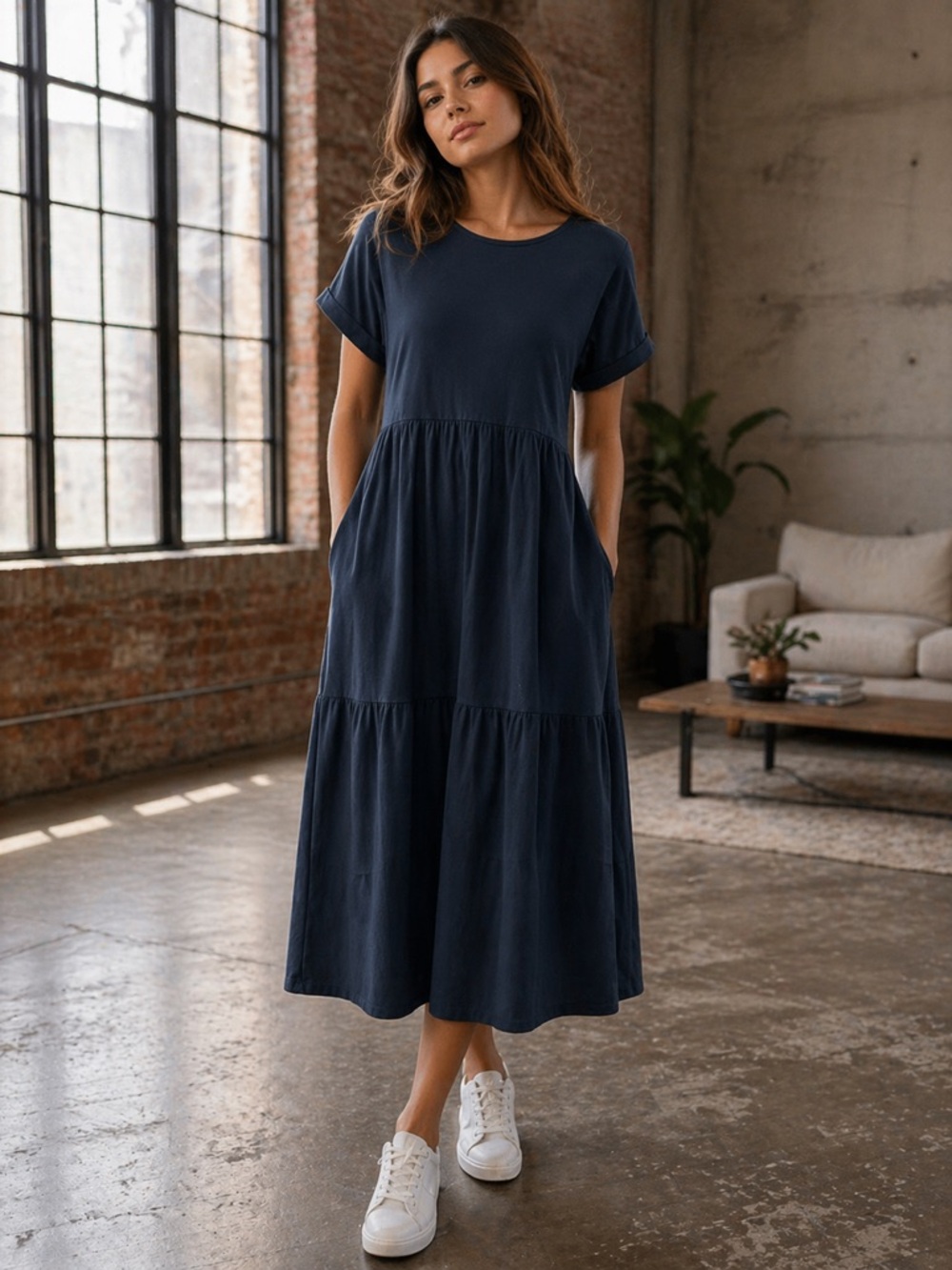 Casual Navy Tiered Short-Sleeve Midi Dress
